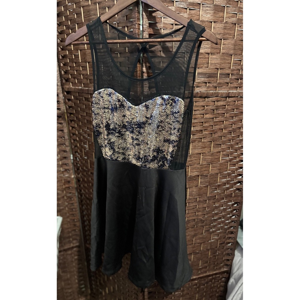 Point Black Sequin Mini Dress Sleeveless Mesh Party Night Out Women's